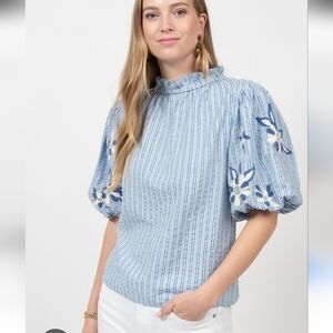 Ivy Jane seersucker floral Embroidered Puff Sleeve Boho Top size Small